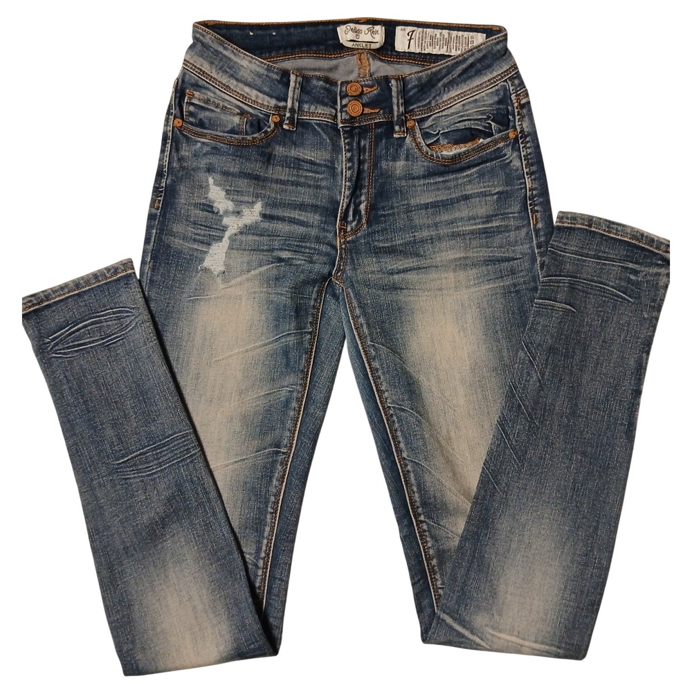 Indigo Rein Womens Distressed Anklet Skinny Jeans Blue Medium Wash Size 7